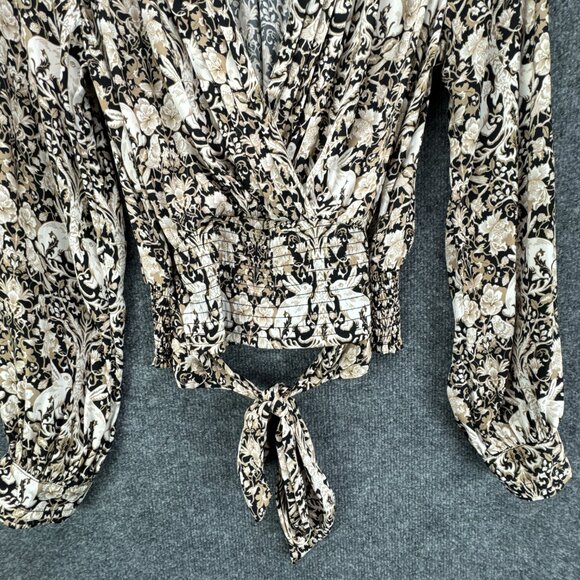 **SOLD**By Anthropologie Blouse Top Womens Small Black Tan Tie Waist Boho - Picture 3 of 13